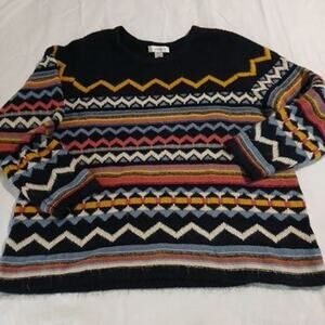 CJ Banks 1X Women's Black Multicolor Patterned Striped Long-Sleeved Sweater SOFT